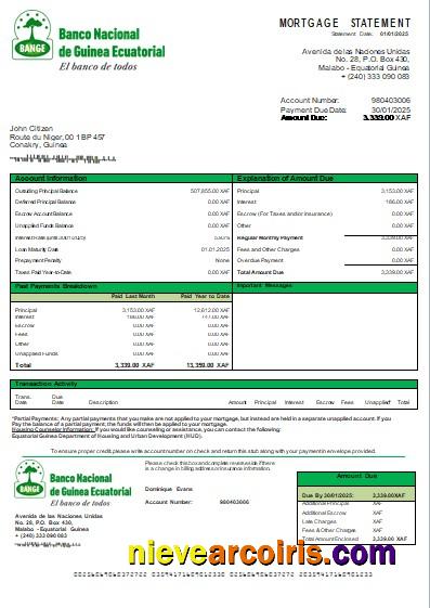 Equatorial Guinea National Bank bank mortgage statement